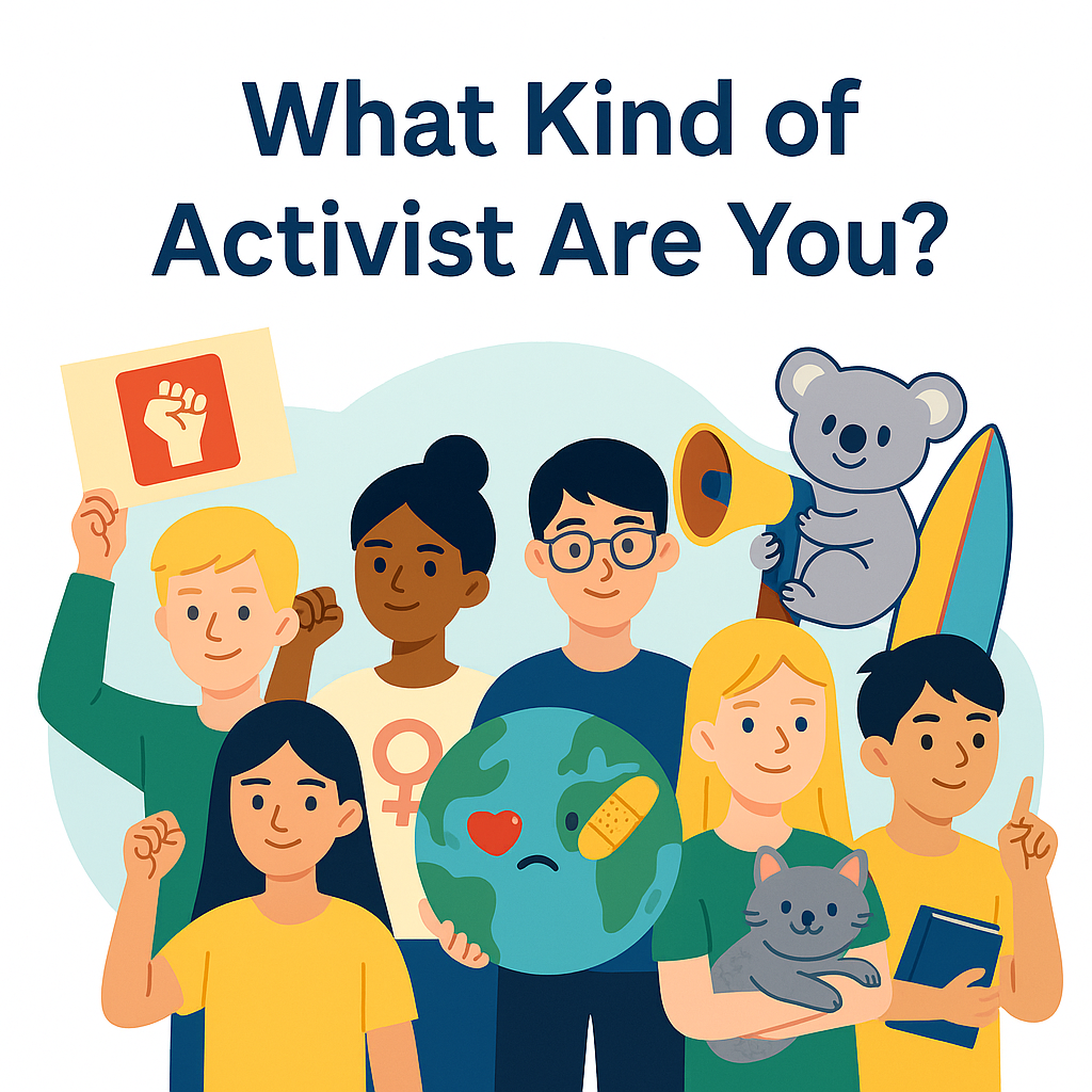Illustration of diverse teens as activists around a globe with heart and bandage, representing eco guardians, justice seekers, equality champions, animal allies, global educators, innovators, and community mobilizers — featured image for Straaya’s What Kind of Activist Are You quiz.
